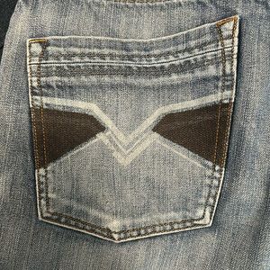 Faded men’s carbon black jeans unique pattern on back pockets 32x32 100% cotton